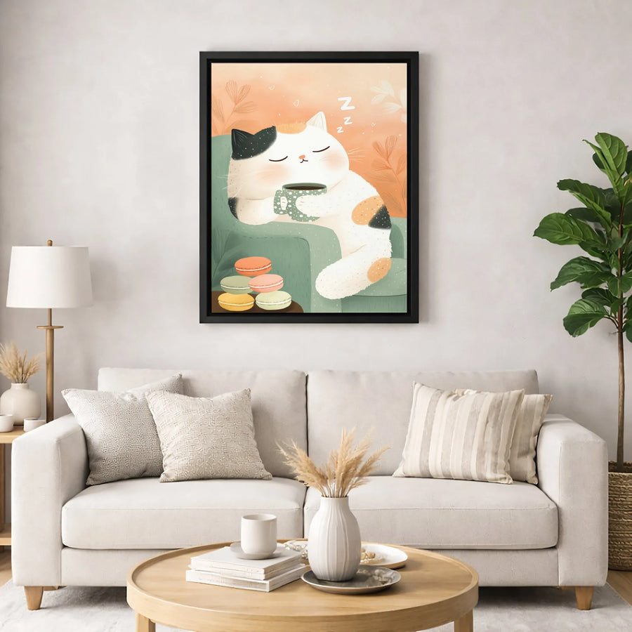 Calico Cat Canvas Wall Art | Sleeping Kitty With Coffee And Macarons | Premium Gallery-Wrapped Print | Cozy Home Decor Gift For Cat Lovers