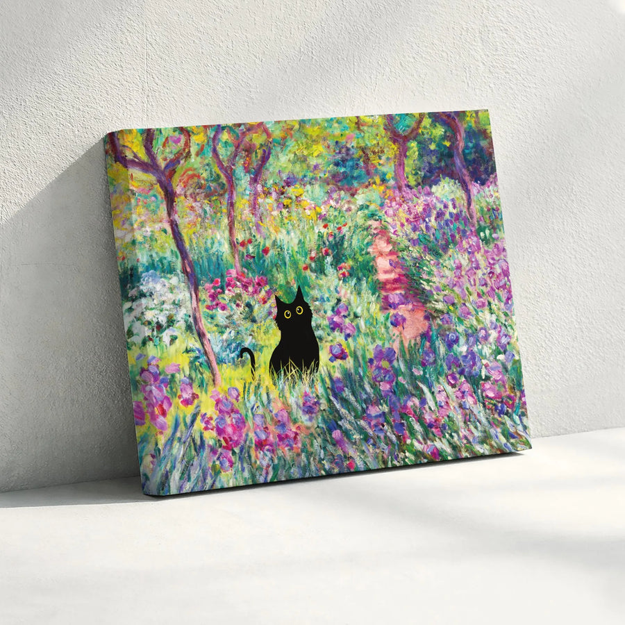 Black Cat Wall Art | Impressionist Garden Oil Painting Style | Premium Gallery-Wrapped Canvas | Unique Cat Lover Gift for Home Office Decor