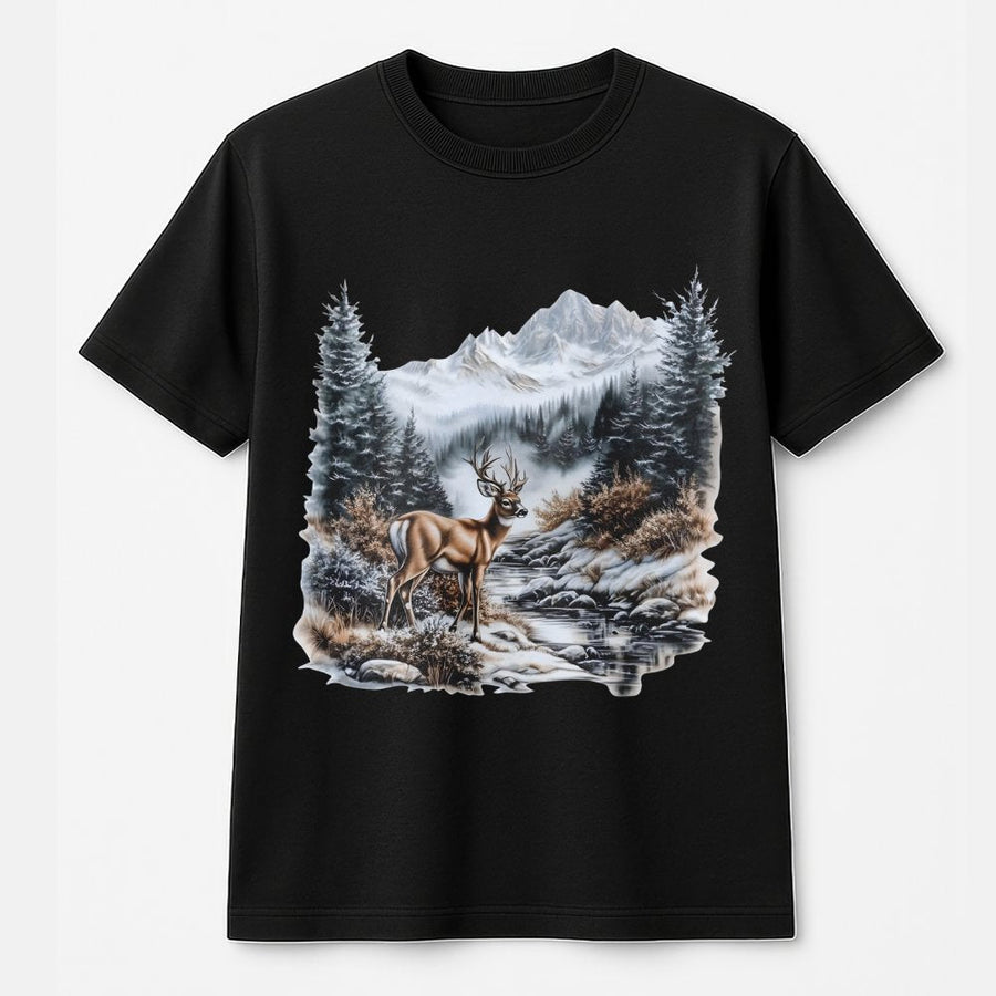 Whitetail Deer Mountain T-Shirt | Snowy Forest Winter Nature Graphic | 100% Cotton Premium Tee | Wildlife Gift for Outdoorsmen and Hikers