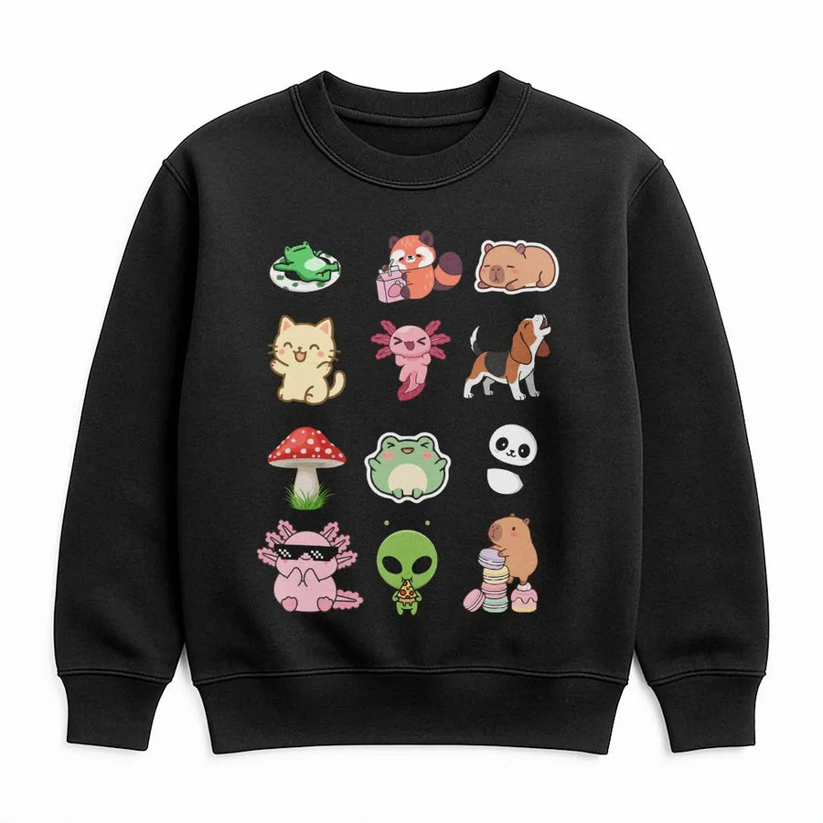 Kawaii Animal Collage Sweatshirt | Cute Doodle Characters ft. Axolotl & Frog | Soft Cotton-Poly Blend | Gift for Teen Girls & Animal Lovers