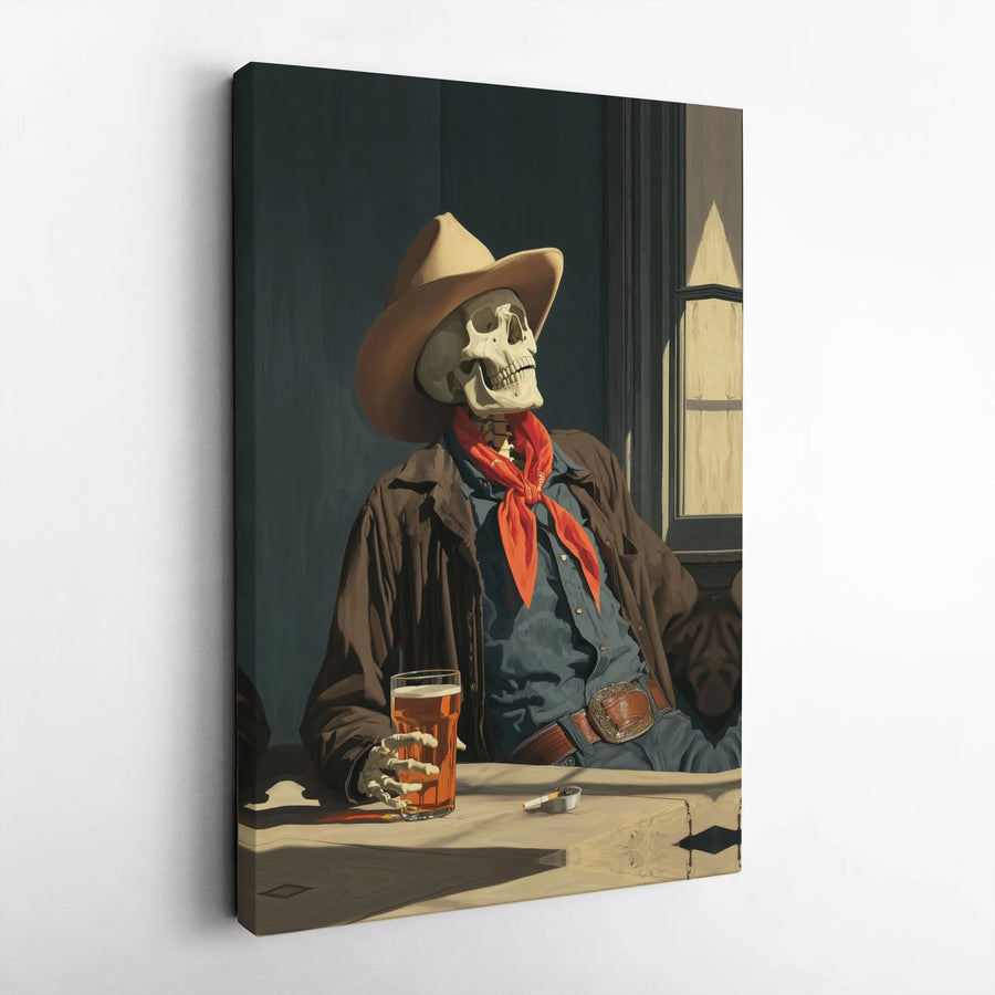 Skeleton Cowboy Canvas Wall Art | Vintage Western Saloon Drinking Skull Poster | Premium 1.25" Framed Decor | Unique Gift for Bar or Man Cave