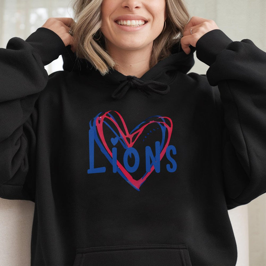 Lions Football Heart Hoodie | Doodle Sport Graphic Pullover | Premium Cotton Blend Sweatshirt | Game Day Fan Gift for Women Men