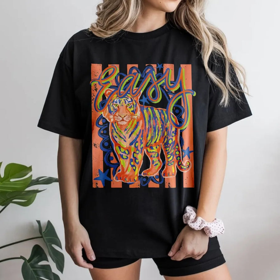 Easy Tiger T-Shirt | Colorful Preppy Tiger Graphic with Doodle Text | Premium Soft Cotton | Sarcastic Funny Gift for Women, Y2K Style Top