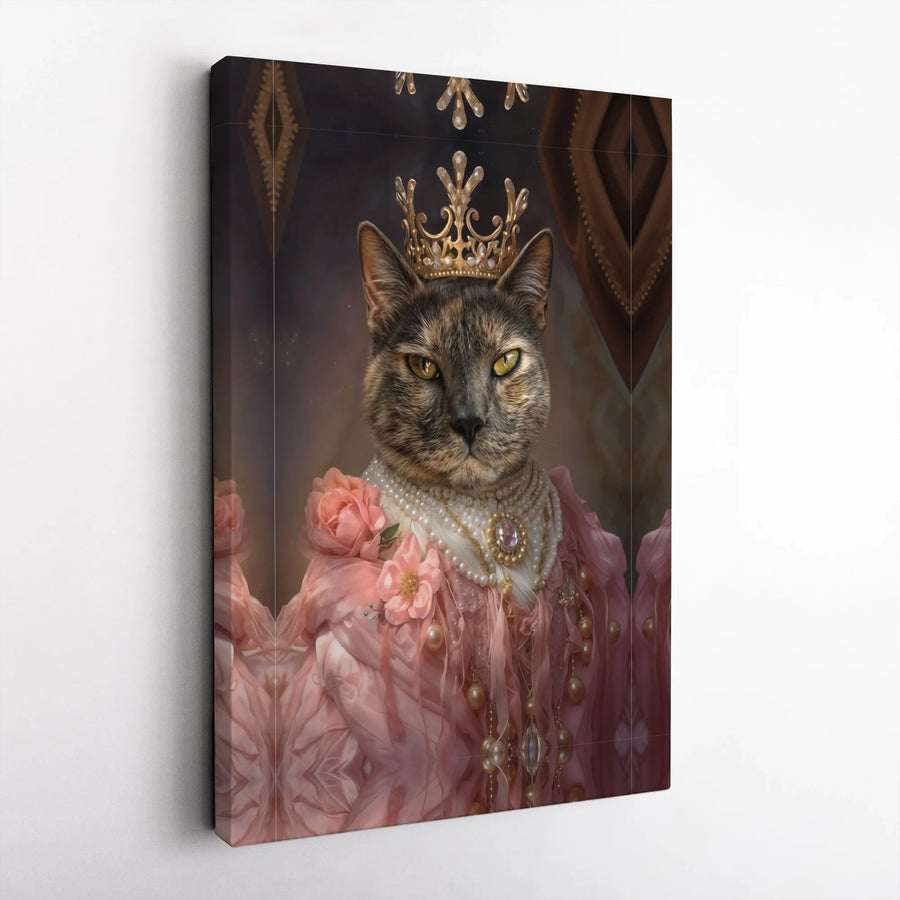 Regal Cat Queen Wall Art | Tortoiseshell Cat in Pink Gown Crown Portrait | Premium Gallery-Wrapped Canvas | Whimsical Pet Lover Gift Decor
