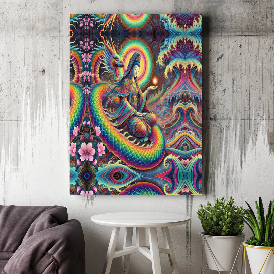 Psychedelic Dragon Wall Art | Meditating Guanyin Canvas Print | Premium Gallery Wrap Decor | Spiritual Zen Wall Decor for Living Room