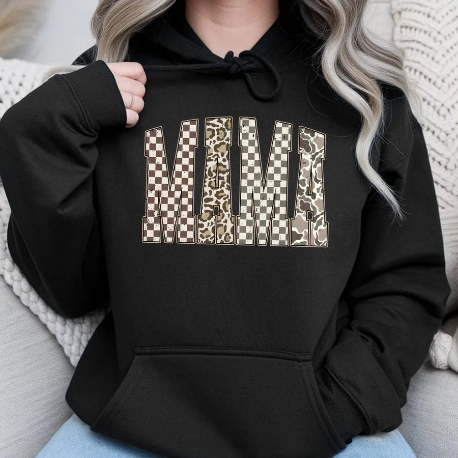 Mama Hoodie | Checkered Leopard Camo Print | Cotton-Polyester Blend | Trendy Western Mom Gift for Her