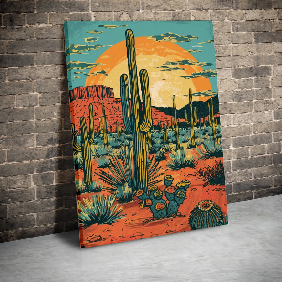 Vintage Desert Landscape Canvas Art | Saguaro Cactus Sunset Wall Decor | 1.25-Inch Premium Gallery Wrap | Southwestern Home Office Gift