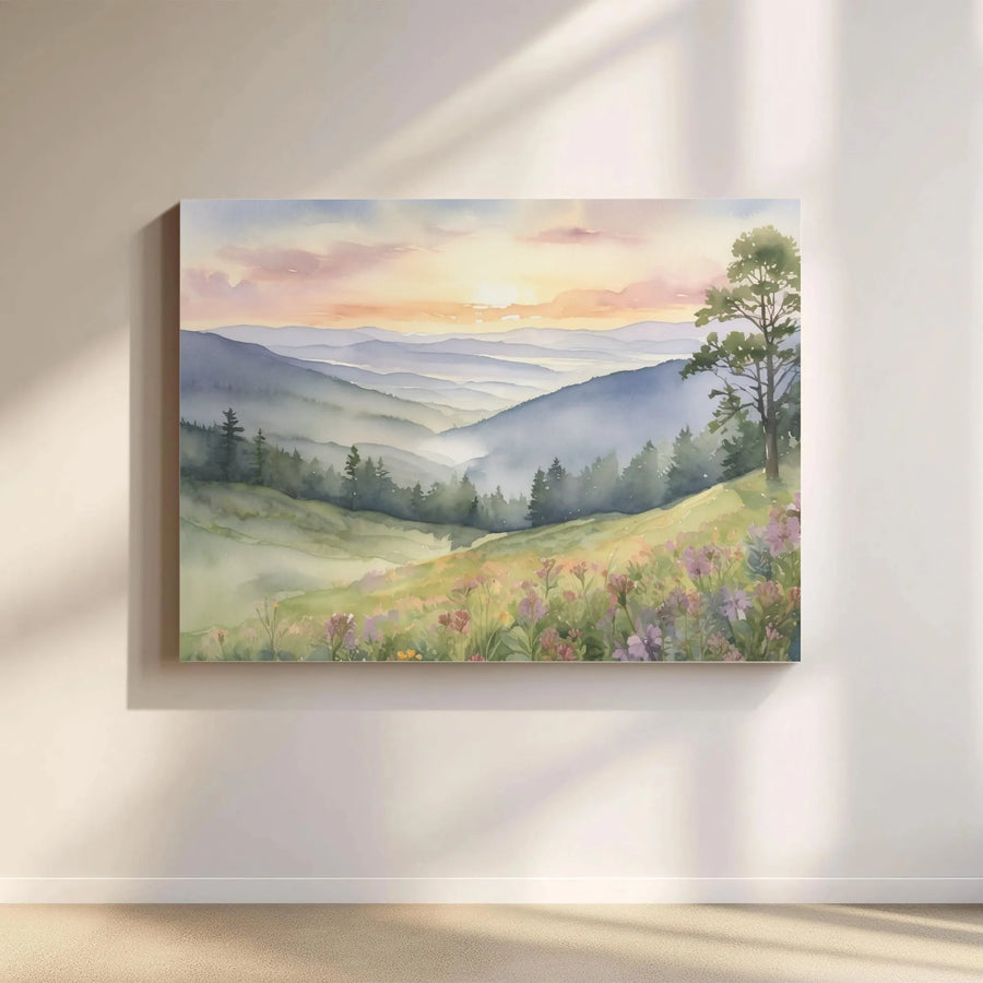 Watercolor Wildflower Mountain Horizontal Canvas Art | Soft Pastel Sunset Meadow Scene | Premium 1.25" Gallery Wrap | Cozy Living Room Wall Decor