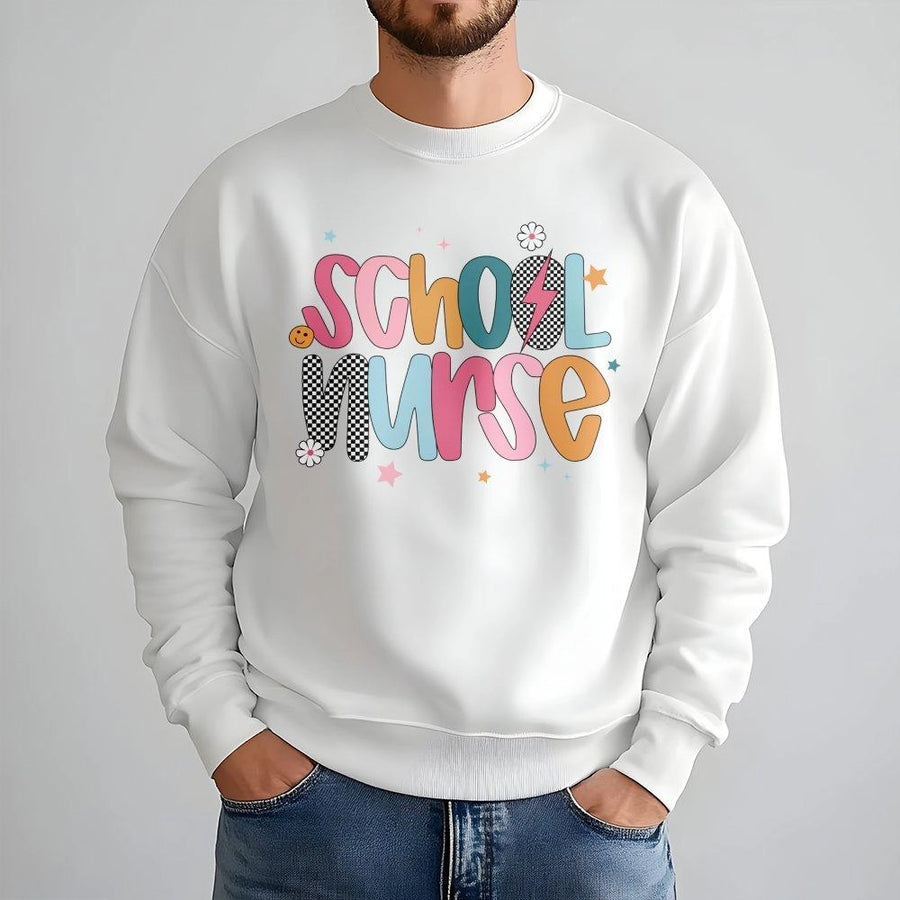 School Nurse Sweatshirt | Retro Groovy Aesthetic Graphic | Soft Cotton Blend Premium Pullover | Back To School Nursing Graduation Gift
