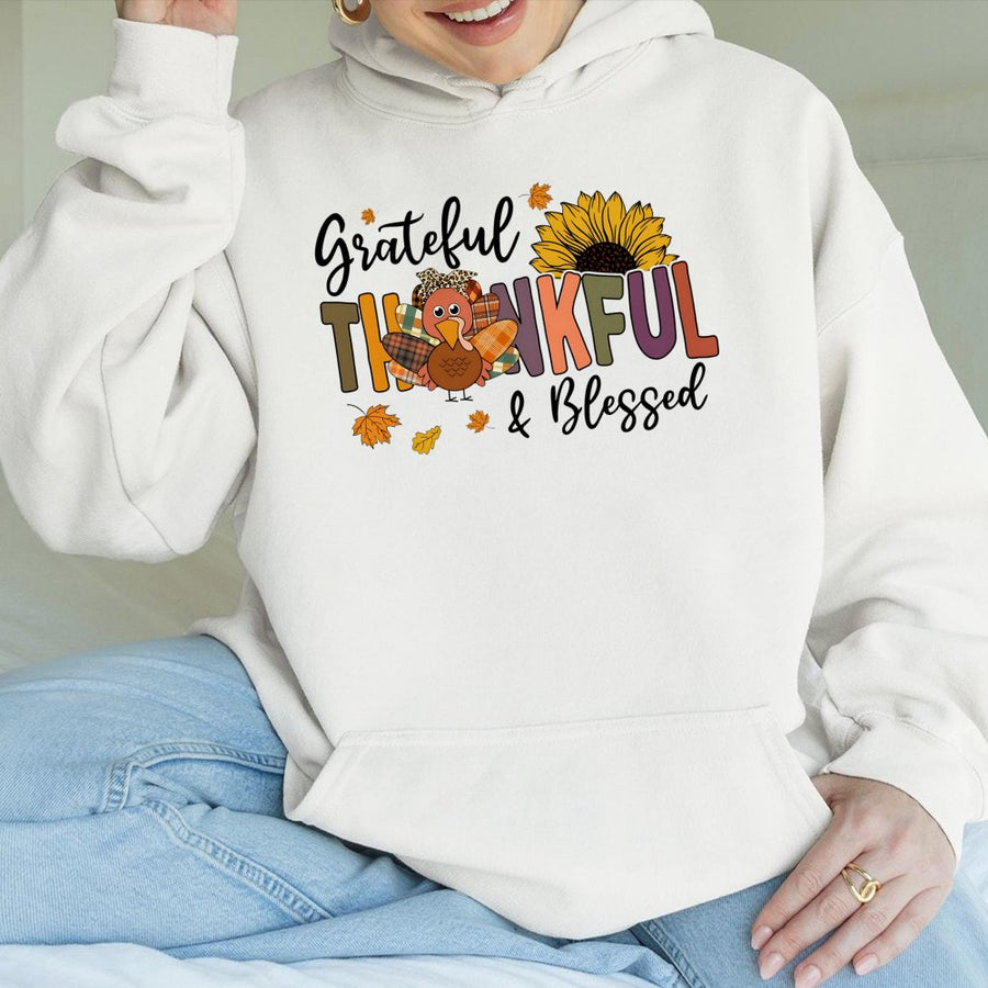 Grateful Thankful Blessed Hoodie | Cute Fall Turkey Graphic | Premium Cotton Blend Unisex Sweatshirt | Thanksgiving Gift for Women & Families