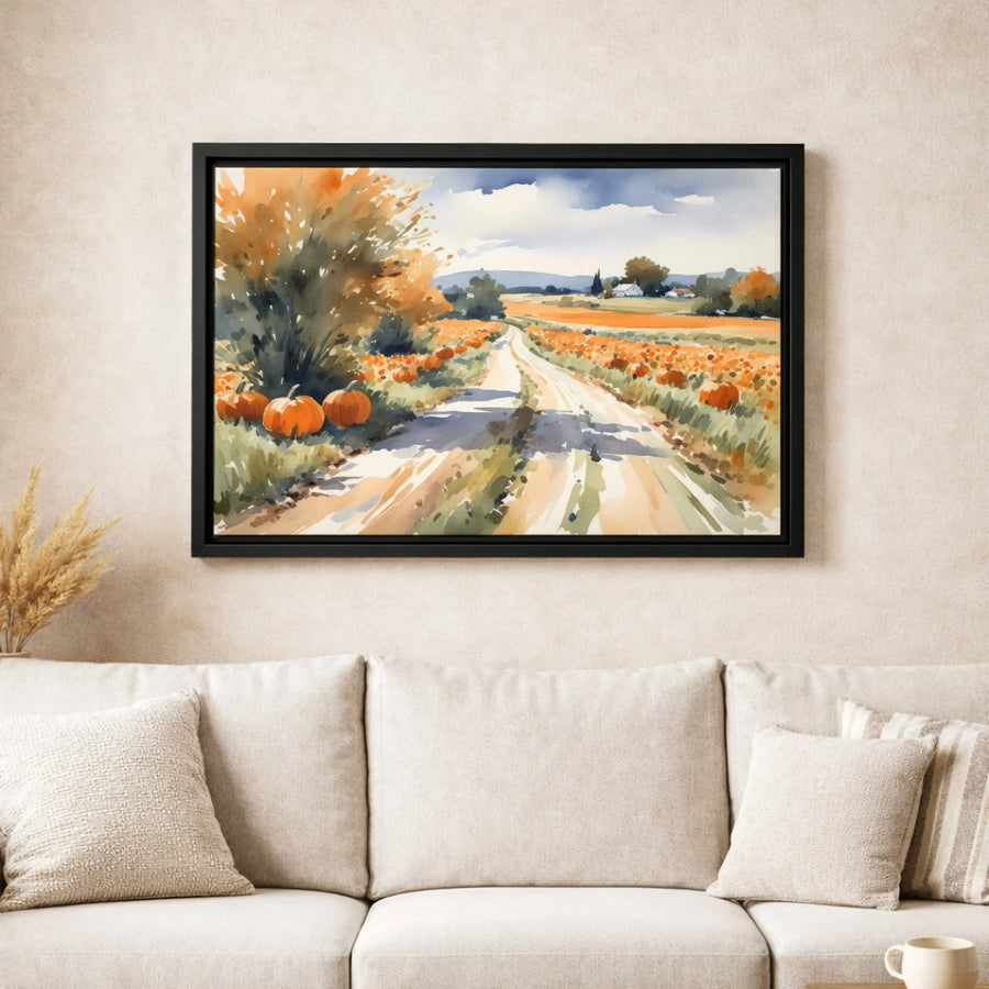 Autumn Pumpkin Patch Canvas Wall Art | Rustic Country Road Watercolor Painting | Gallery-Wrapped Premium Decor | Fall Farmhouse Seasonal Gift