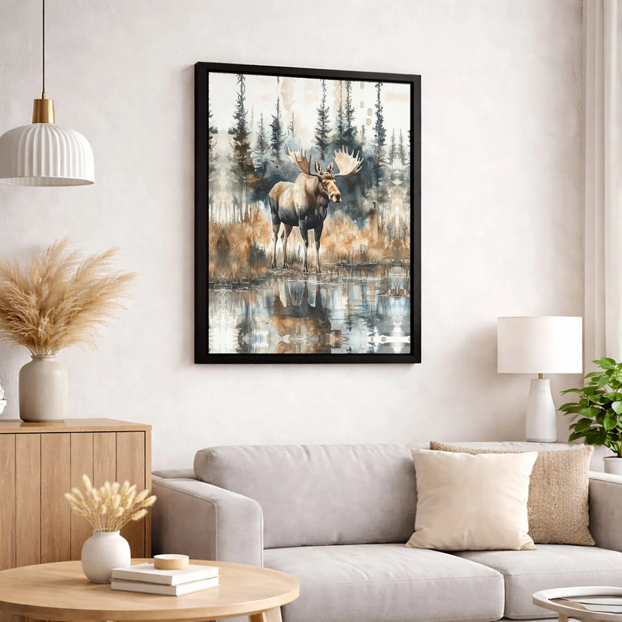 Watercolor Moose Canvas Wall Art | Rustic Forest Lake Wildlife Print | Premium Gallery-Wrapped Decor | Lodge Cabin Home Gift