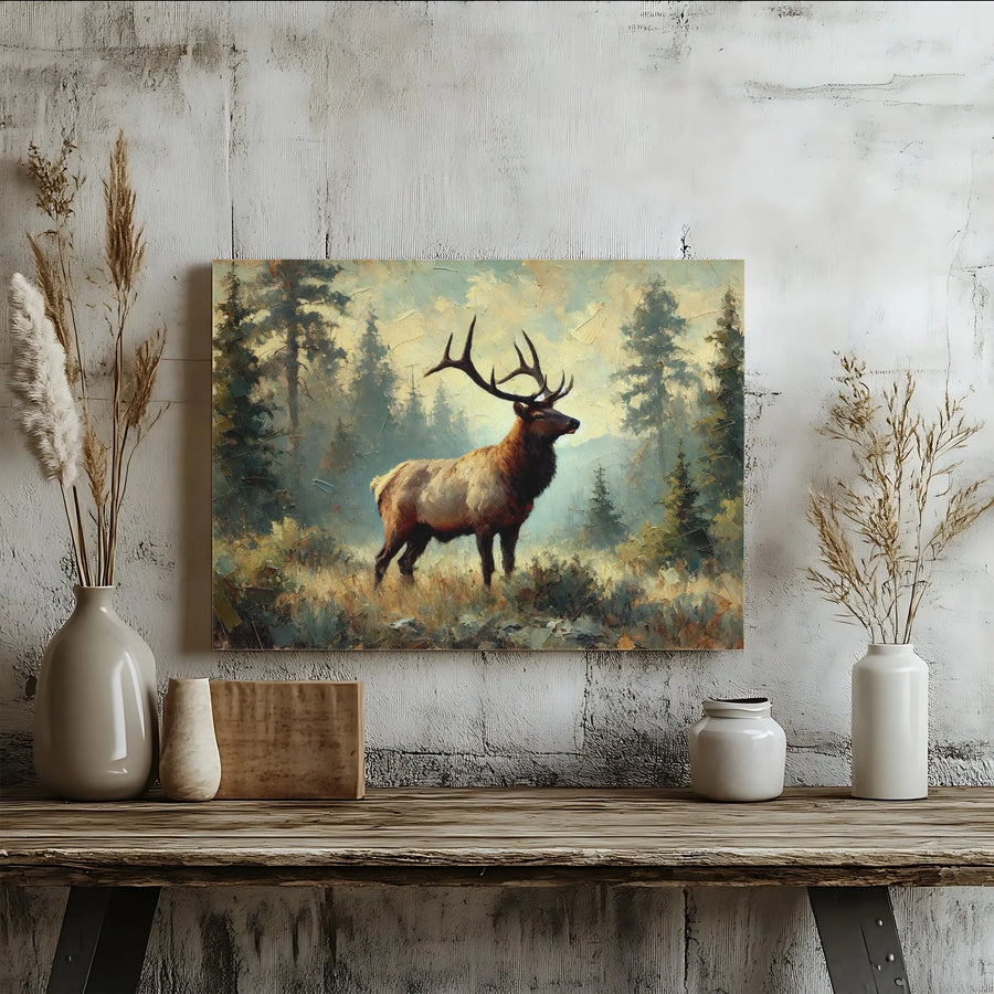 Majestic Elk Canvas Wall Art | Impressionist Forest Wildlife Painting | Premium Gallery Wrapped Decor | Nature Lover Gift for Cabin Home