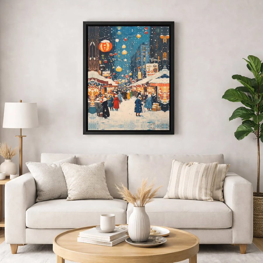 Snowy Christmas Market Canvas Art | Impressionist Winter Village Night Scene | Gallery Wrapped Premium Print | Cozy Holiday Home Decor Gift