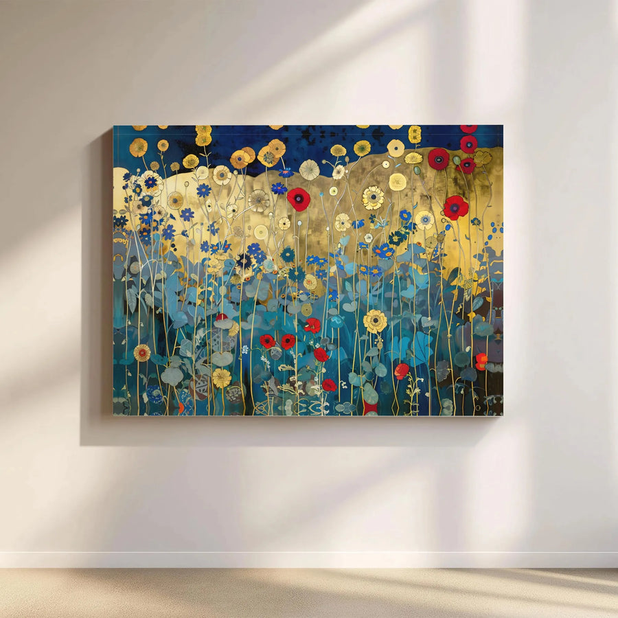 Abstract Wildflower Canvas Wall Art | Gold and Blue Floral Painting | Premium Gallery Wrapped Print | Modern Home Office Decor Gift