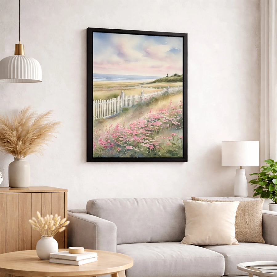 Coastal Watercolor Wall Art | Beach Landscape with Wildflowers & Picket Fence | Gallery Quality Canvas | Serene Home Decor Gift