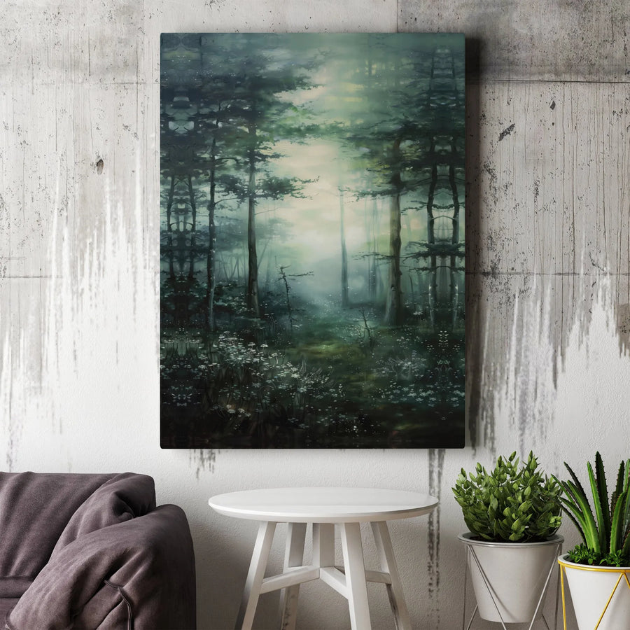 Misty Forest Canvas Wall Art | Moody Woodland Painting with Ethereal Pine Trees | Premium Fade-Resistant Print | Nature Lover Home Decor Gift