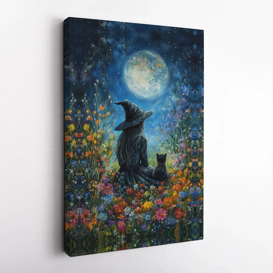 Witch and Black Cat Wall Art | Full Moon Wildflower Meadow Painting | Gallery Wrapped Premium Canvas | Whimsical Witchcraft Decor for Home
