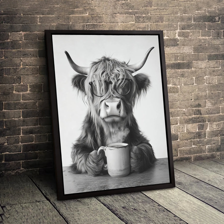 Highland Cow Wall Art | Black and White Coffee Lover Print | Premium Gallery Wrapped Canvas | Farmhouse Kitchen Decor Gift