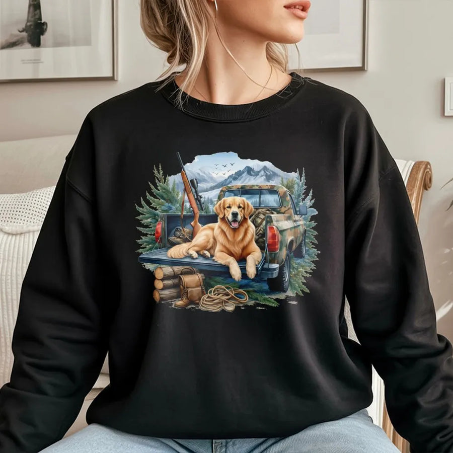 Golden Retriever Sweatshirt | Hunting Dog and Pickup Truck Graphic | Cotton Blend Premium Crewneck | Outdoorsy Gift for Dog Lovers