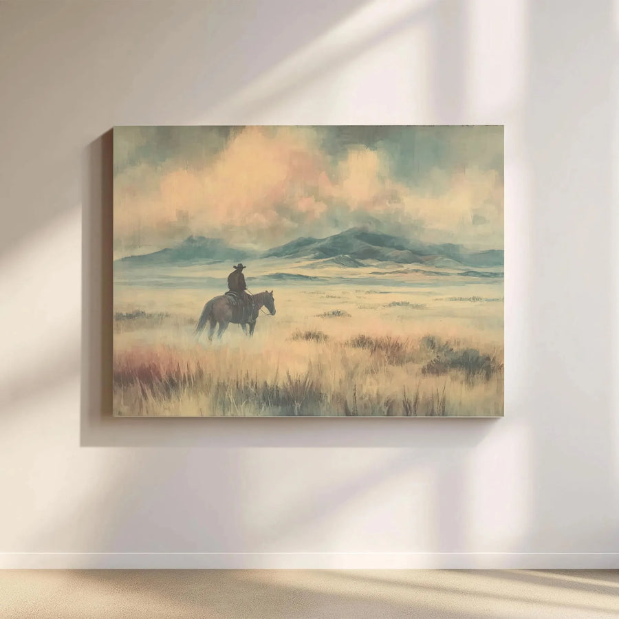 Lone Cowboy Canvas Wall Art | Western Landscape Painting | Premium Gallery Wrapped Print | Rustic Home Decor Gift for Him