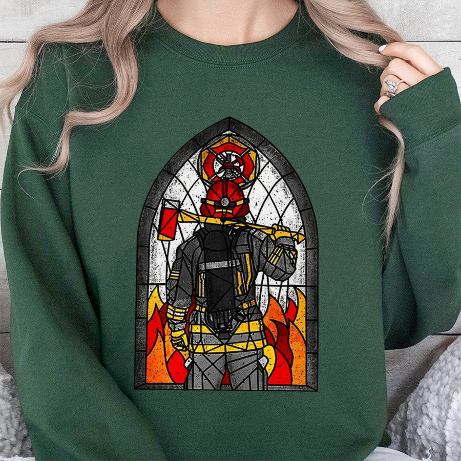 Firefighter Stained Glass Sweatshirt | Heroic First Responder Graphic | Premium Cotton Blend Crewneck | Meaningful Gift for Fireman or Firefighter