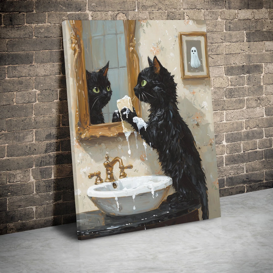 Black Cat Washing Mirror Canvas Wall Art | Whimsical Bathroom Decor Painting | Premium Gallery Wrap Print | Funny Halloween Gift For Cat Lovers