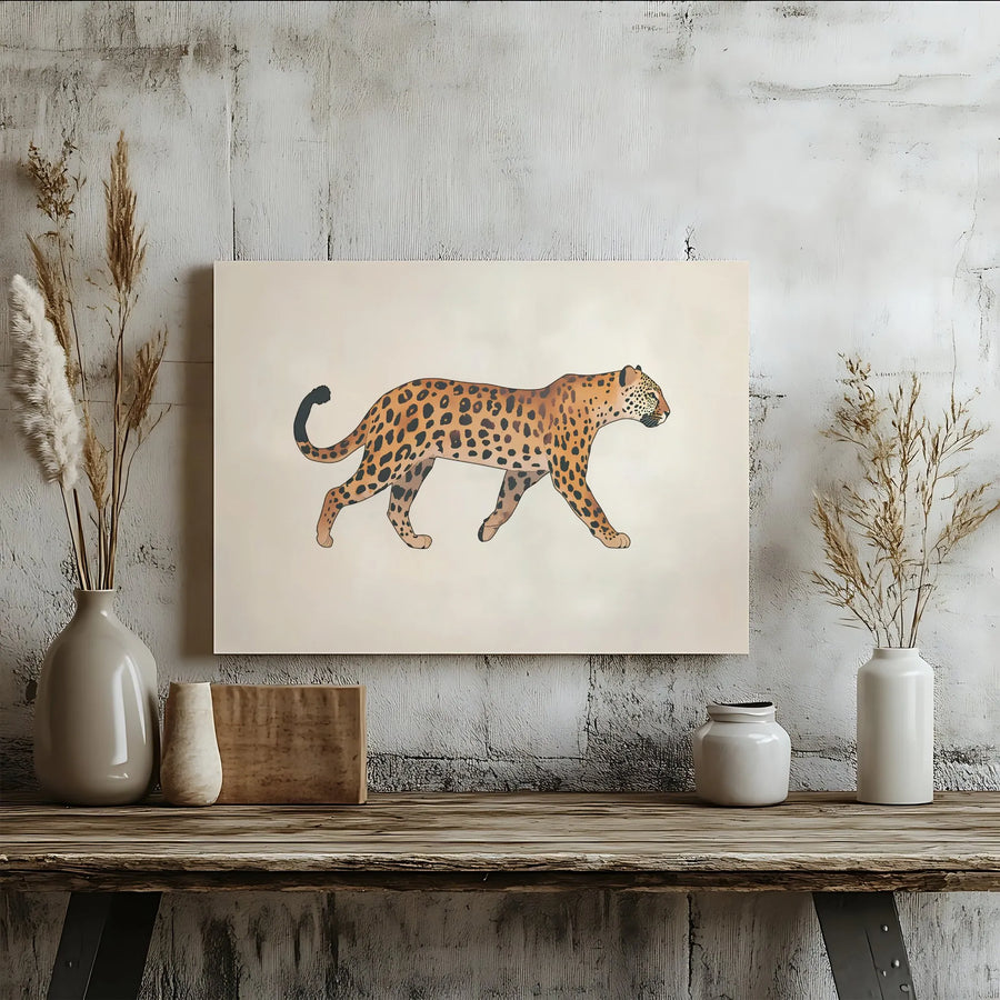 Walking Leopard Canvas Wall Art | Mid Century Modern Animal Print | Premium Gallery Wrapped | Nature Inspired Home Decor Gift