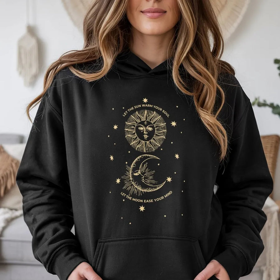Celestial Sun and Moon Hoodie | Spiritual Quote Graphic Pullover | Cozy Cotton Blend | Boho Witchy Astrology Gift for Women