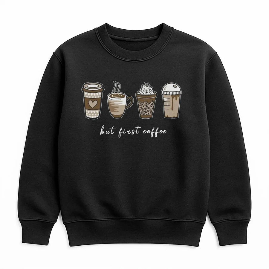But First Coffee Sweatshirt | Cute Espresso Graphic Print | Premium Cotton Blend Crewneck | Gift for Caffeine Lovers & Baristas