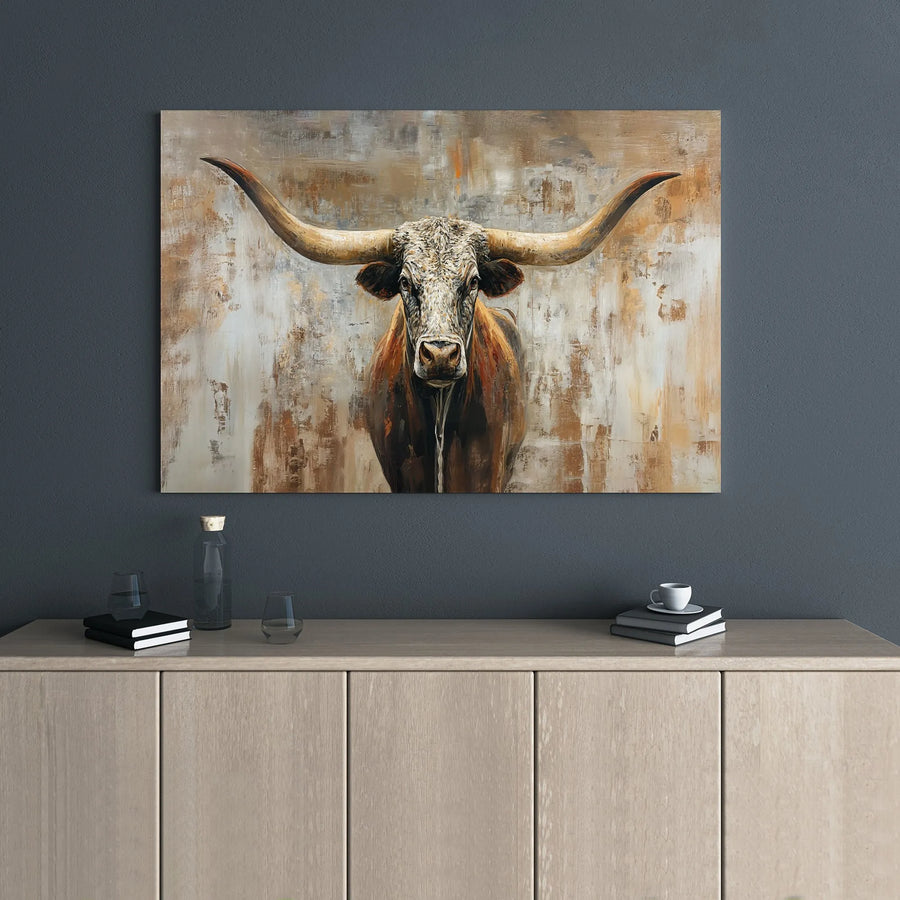 Texas Longhorn Bull Wall Art | Rustic Farmhouse Canvas Print | Premium Gallery Wrap Decor | Farmhouse Gift for Cattle Rancher