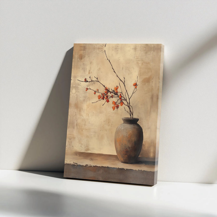 Rustic Floral Vase Canvas Print | Japandi Style Botanical Art | Premium Gallery Wrapped Canvas | Living Room & Bedroom Decor Gift
