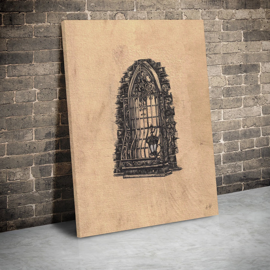 Gothic Arched Window Canvas Wall Art | Vintage Wrought Iron Lantern Sketch | Premium Gallery Wrap Frame | Dark Academia Home Decor Gift