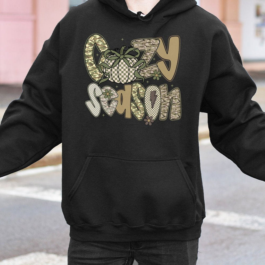 Cozy Season Hoodie | Fall Pumpkin Camo Graphic | Premium Cotton Blend | Autumn Aesthetic Gift For Her