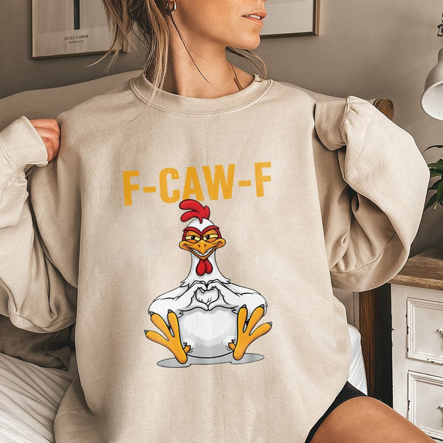 Funny Chicken Sweatshirt | F-CAW-F Heart Hands Meme Graphic | Premium Cotton Blend Crewneck | Sarcastic Poultry Gift for Chicken Lover