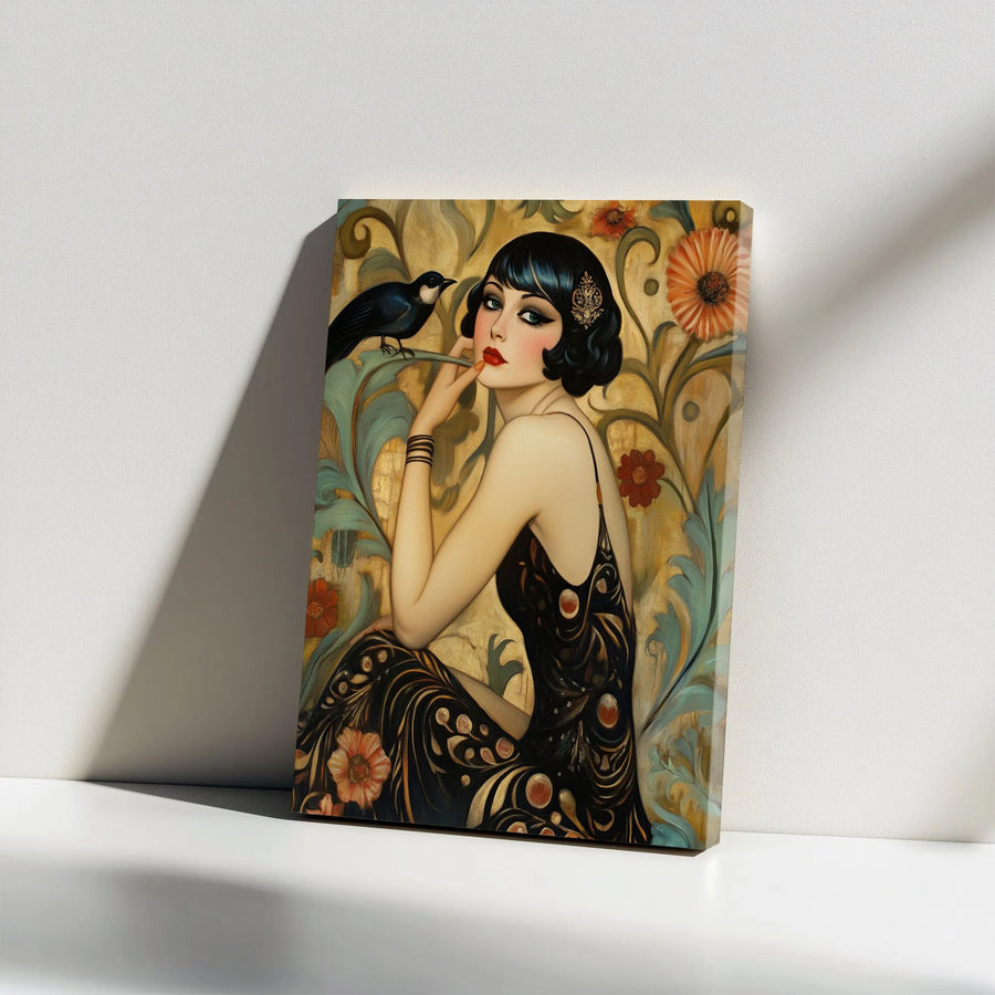 Art Deco Woman Canvas Print | Vintage 1920s Flapper Girl with Bird | Premium Gallery Wrapped Canvas | Roaring Twenties Home Decor Collector's Gift