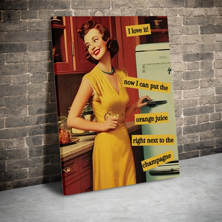 Retro Housewife Wall Art | Champagne and Orange Juice Funny Kitchen Quote | 1.25 Inch Premium Canvas | Gift for Home Decor Enthusiasts