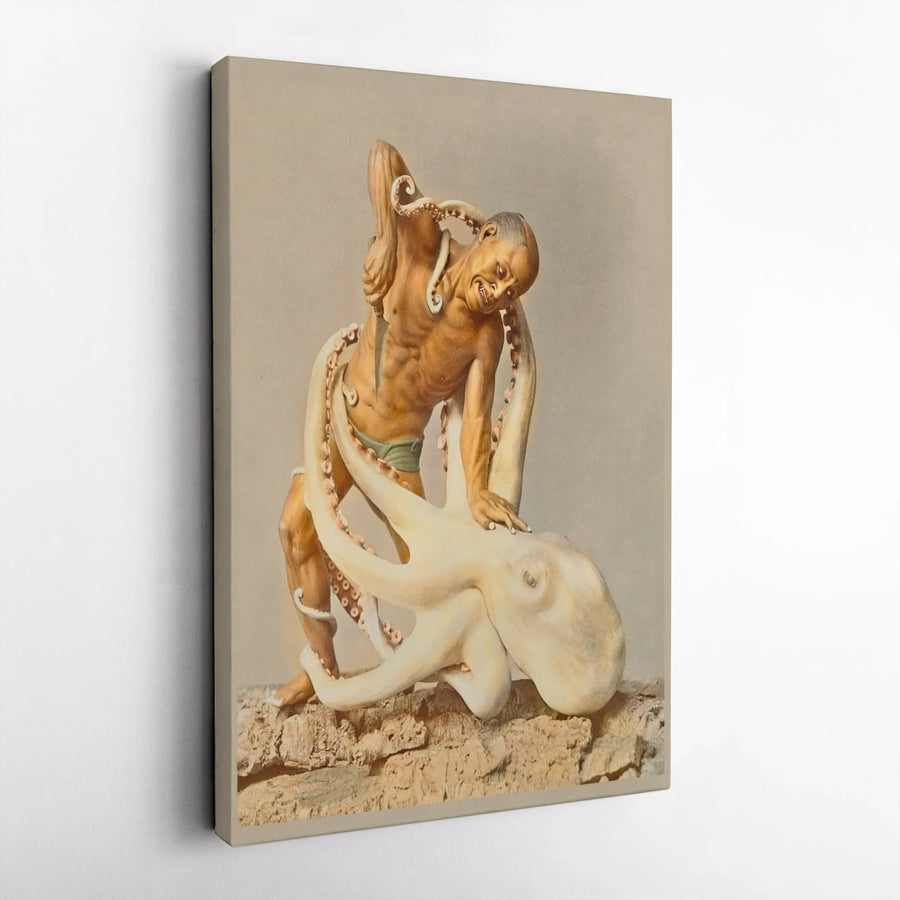 Japanese Octopus Fight Canvas | Vintage Ukiyo-e Inspired Wall Art | Premium Gallery Wrap Print | Unique Fine Art Decor For Home Office