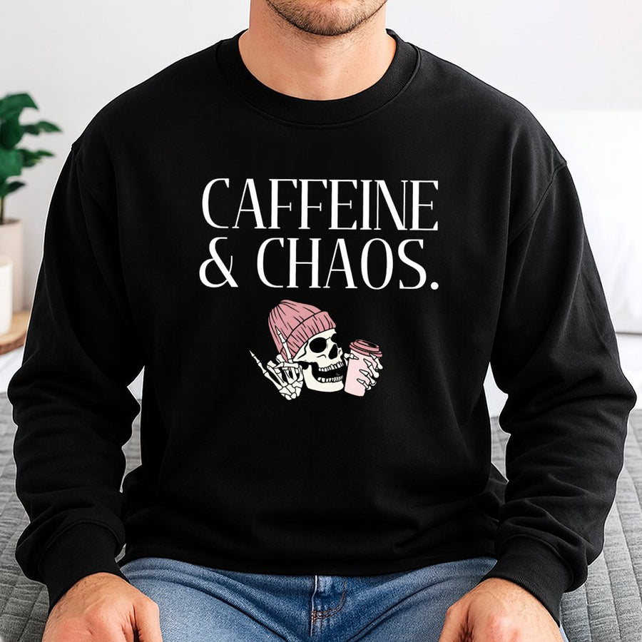 Caffeine & Chaos Skeleton Sweatshirt | Pink Beanie Coffee Graphic | Premium Soft Blend Crewneck | Trendy Aesthetic Gift for Coffee Lovers