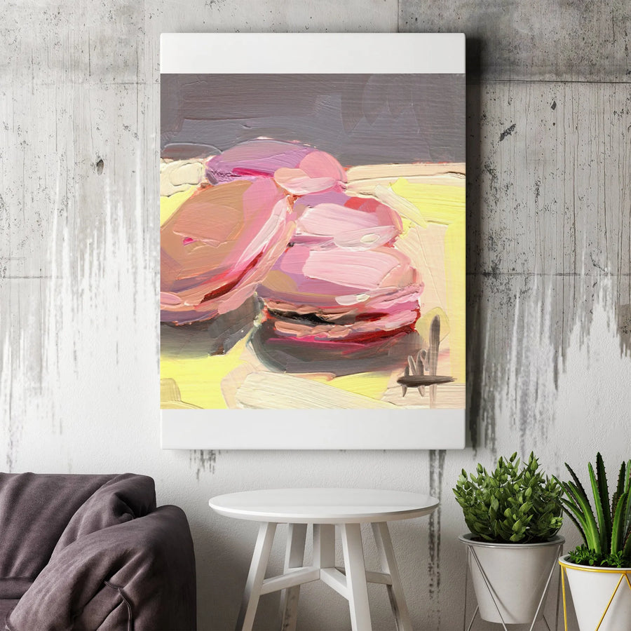 Raspberry Macaroon Vertical Canvas | Textured Impasto Style Painting | Premium Gallery Wrap Print | Modern Kitchen or Bakery Wall Decor