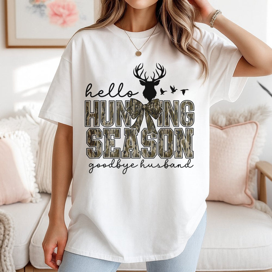 Hello Hunting Season Goodbye Husband T-Shirt | Camo Coquette Bow Graphic Tee | Premium Cotton Casual Wear | Funny Hunting Gift for Women