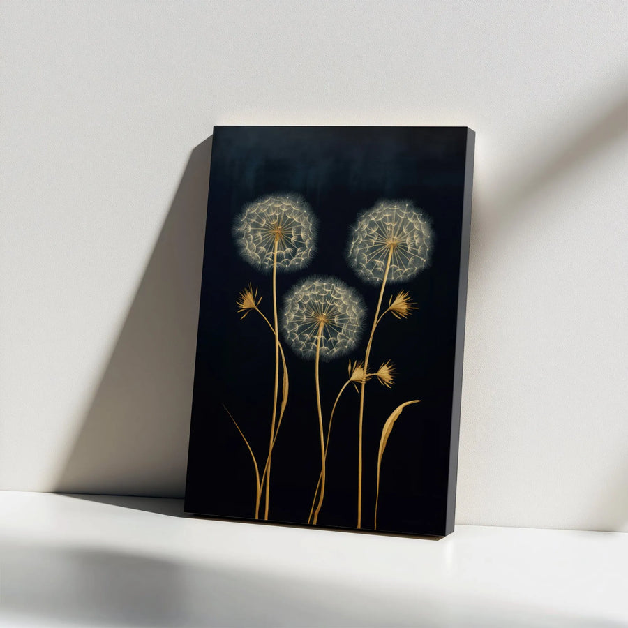 Golden Dandelion Canvas Wall Art | Dark Botanical Floral Print | 1.25 Inch Gallery Wrap | Modern Minimalist Home Decor Gift