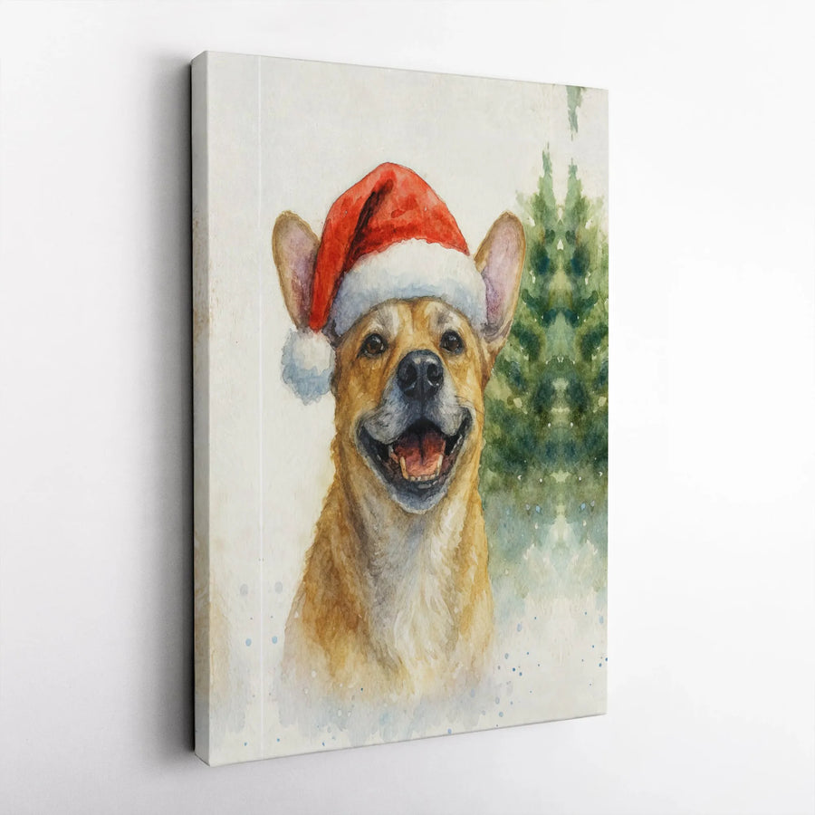 Smiling Dog Canvas Art | Watercolor Christmas Puppy in Santa Hat | Premium 1.25 inch Gallery Wrap | Festive Holiday Home Decor Gift