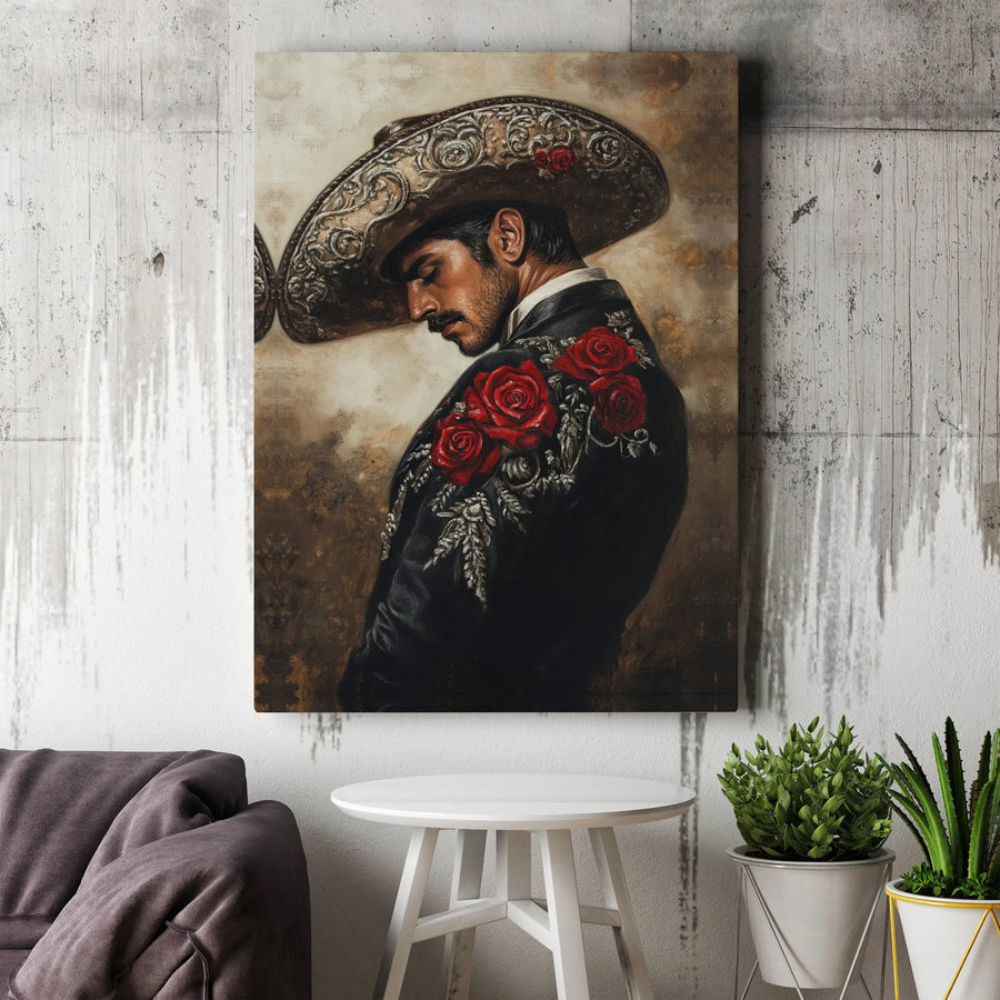 Charro Canvas Wall Art | Vintage Mexican Mariachi Portrait with Red Roses | Premium Canvas Print | Hispanic Heritage Decor Gift