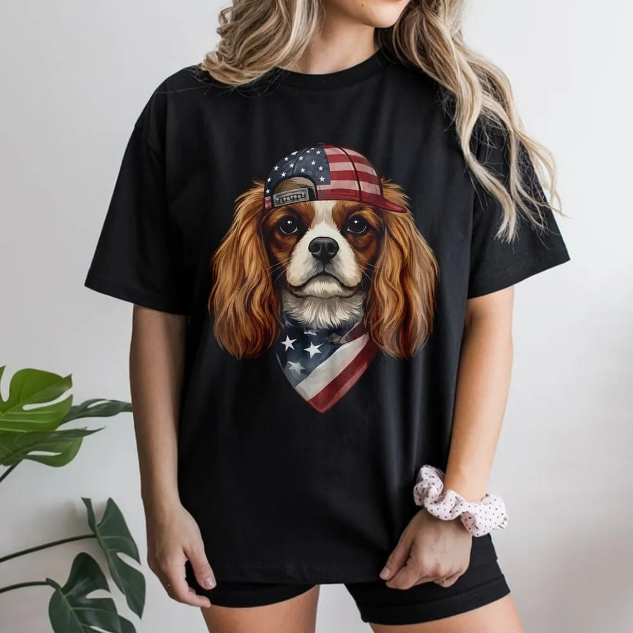 Patriotic Dog T-Shirt | Cavalier King Charles Spaniel USA Flag Graphic | Soft Cotton Blend Pullover | Fourth of July Gift for Dog Mom & Dad