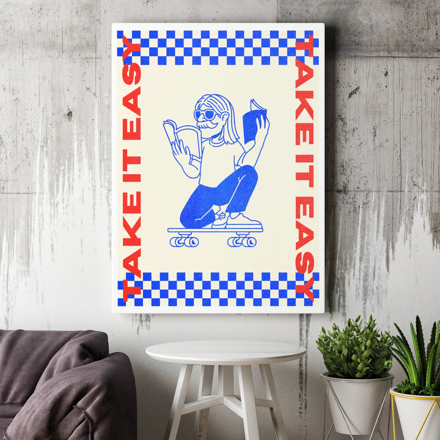 Take It Easy Canvas Wall Art | Retro Skater Reading Book Print | Gallery-Quality 1.25" Profile | Modern Aesthetic Decor for Book Lovers