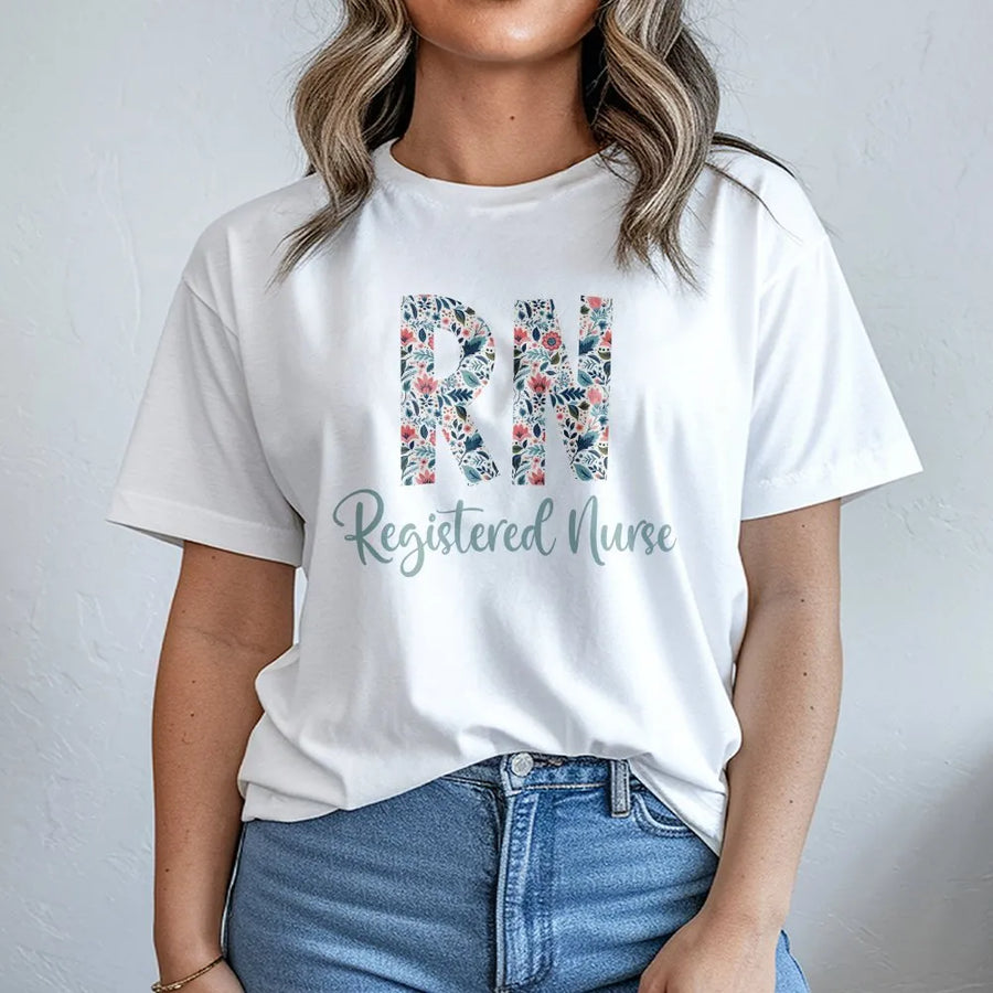 Registered Nurse T-Shirt | Floral RN Lettering Design | Soft Cotton Tee | Premium Gift for Nursing School Graduate
