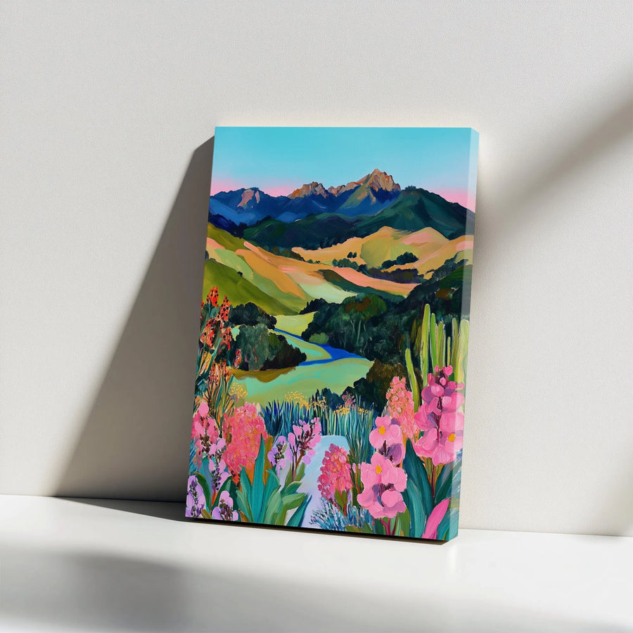 Vibrant Mountain Landscape Canvas Art | Colorful Wildflower Meadow Painting | Premium Gallery Wrap Canvas | Boho Living Room Decor Gift
