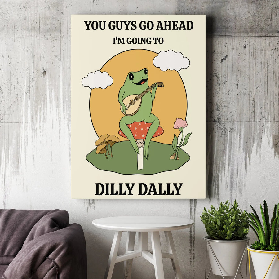 Dilly Dally Frog Canvas Wall Art | Whimsical Mushroom Lute Player | Premium Gallery Wrap Decor | Cottagecore Gift for Nature Lovers