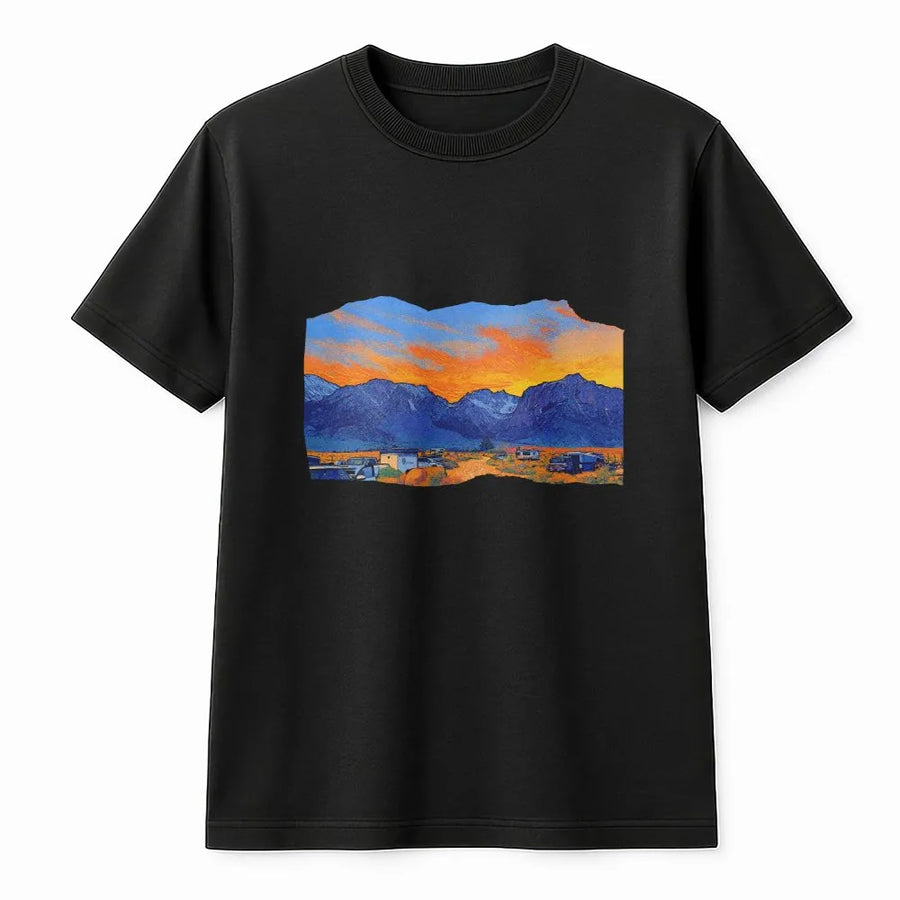 Desert Mountain Landscape T-Shirt | Artistic Sunset RV Camping Graphic | Premium Cotton Unisex Tee | Nature Lover Gift for Van Life Enthusiasts